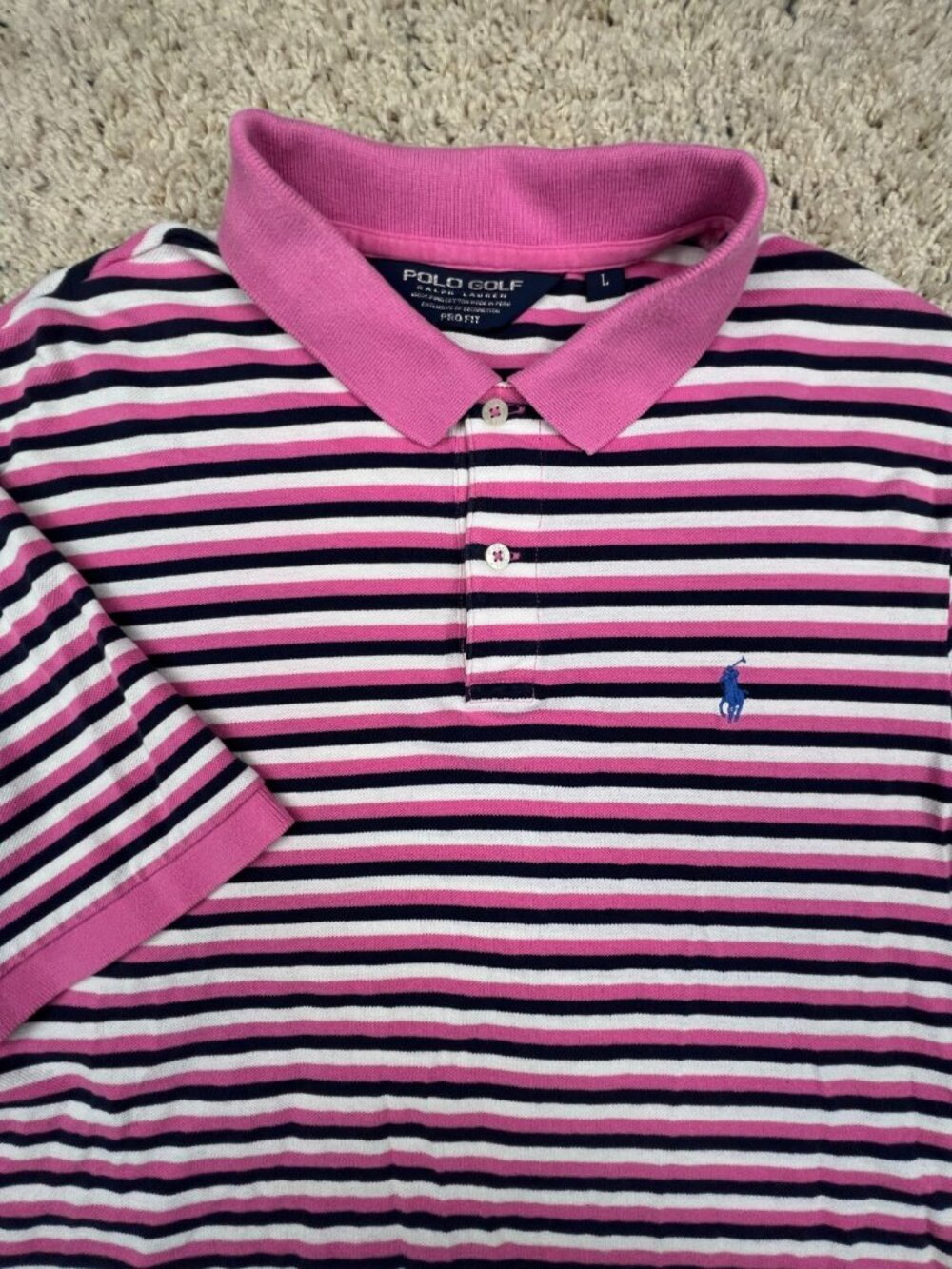 Polo Golf Ralph Lauren Polo Shirt Large Pink White Blue Striped Cotton Pro Fit